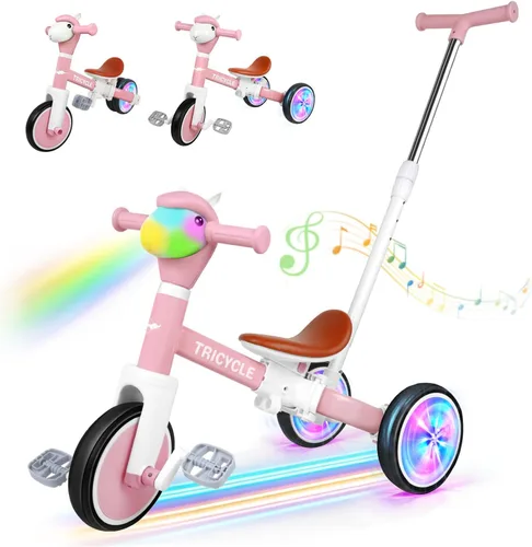 Miniatura 12 de Triciclo para niños pequeños de 1 a 3 años, bicicleta de equilibrio 5 en 1 para niños de 2 a 4 años, juguetes de triciclo de empuje con mango