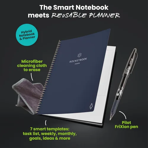Miniatura 3 de Rocketbook Fusion Hybrid - Planificador y cuaderno reutilizables en uno, páginas en blanco adicionales, rastreador de metas y proyectos, Azul marino