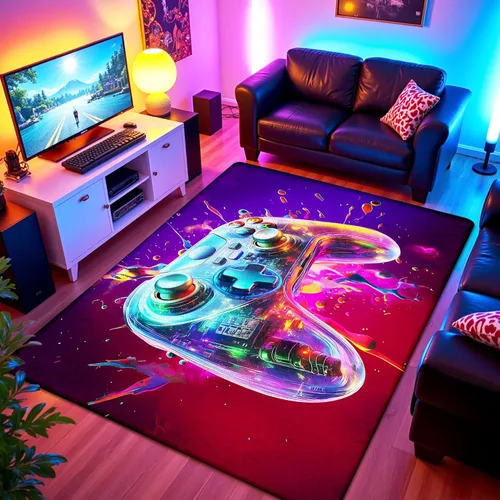 Miniatura 18 de Alfombra de área de juegos neón de 3 x 5 pies para habitación de niños, alfombra colorida de control de juegos para decoración de habitación