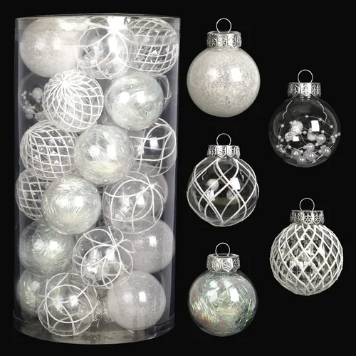 Adornos de bola de Navidad transparentes, 30 unidades de 2.36 pulgadas, bolas de adorno de Navidad blancas para árbol de Navidad con delicado Blanco