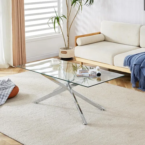 Miniatura 11 de Mesa de centro de cristal para sala de estar, moderna rectangular con parte superior de vidrio templado transparente y patas de metal, mesas de Negro