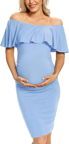 Vestido de maternidad ajustado con volantes y hombros descubiertos, vestido de embarazo formal para baby showerfotografía