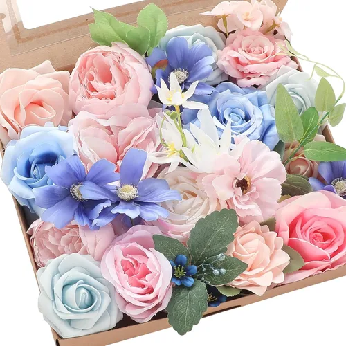 Miniatura 24 de Floroom - Flores artificiales de aspecto real en color lila, lavanda, púrpura y crema, rosas falsas, dalias y vegetación en conjunto de caja