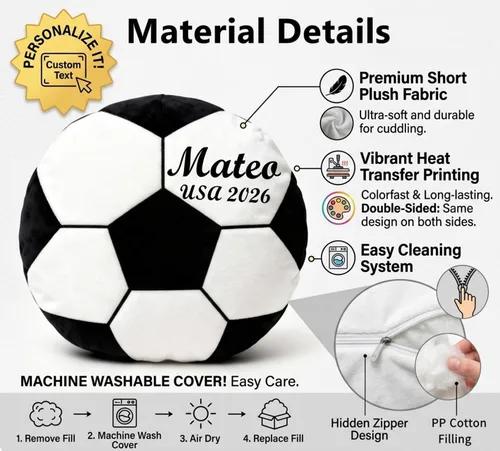 Miniatura 4 de Almohada de pelota de fútbol personalizada con número de nombre, regalo deportivo personalizado para niños y niñas, cojín de fútbol de felpa