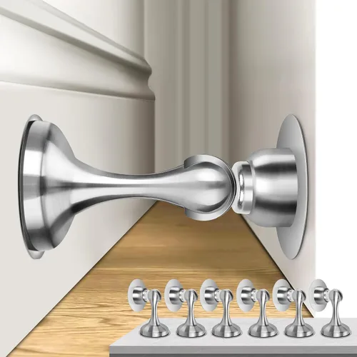 Miniatura 24 de Topes magnéticos para puerta, paquete de 4, topes de puerta de acero inoxidable para montaje en pared y piso, soporte de puerta mantiene la puerta