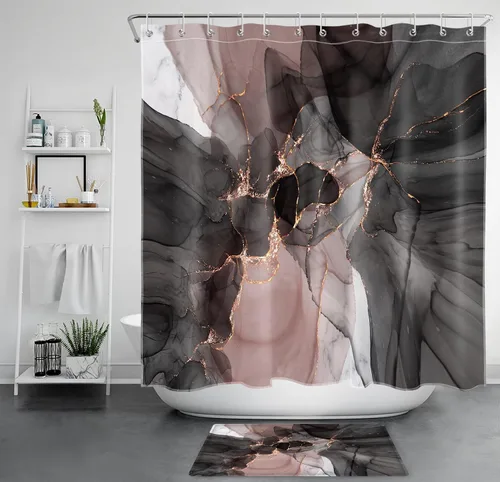 Miniatura 15 de LB Cortina de ducha abstracta de mármol, textura de mármol rosa y negro, cortina de ducha de arte moderno para baño, 60 x 72 pulgadas, tela