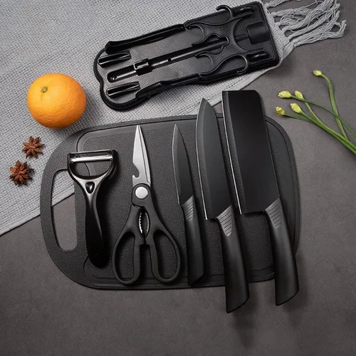 Miniatura 6 de Magicorange Juego de cuchillos de cocina de 7 piezas, 5 cuchillos de acero inoxidable negros con fundas, tabla de cortar y un bloque de cuchillos
