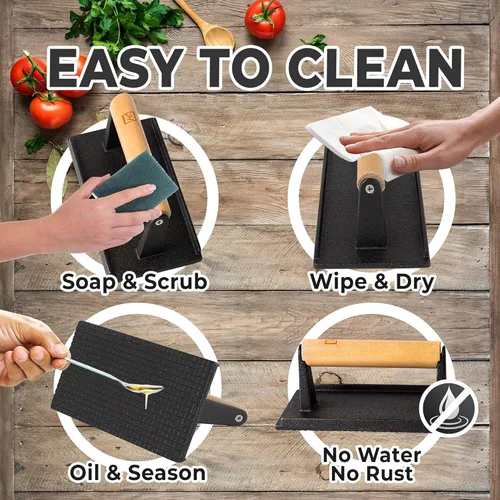 Miniatura 7 de Prensa para parrilla de hierro fundido (juego de 2) – Prensa de plancha de 2.6 libras con mango de madera de tacto frío – Pre-sazonada para carnes