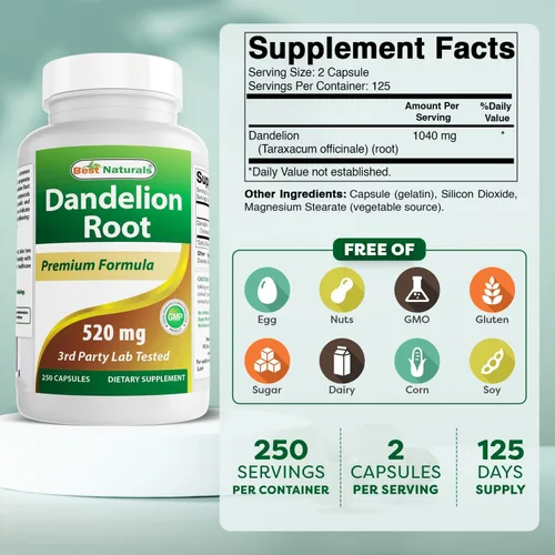 Miniatura 2 de Best Naturals Raíz de diente de león 520 mg 250 Cápsulas