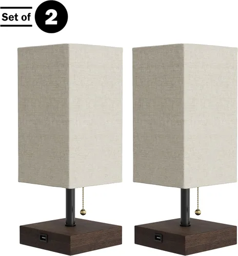 Miniatura 3 de Lavish Home Juego de lámpara de mesa pequeña con base de madera, juego de 2 luces rectangulares modernas con bombilla LED que incluye decoración