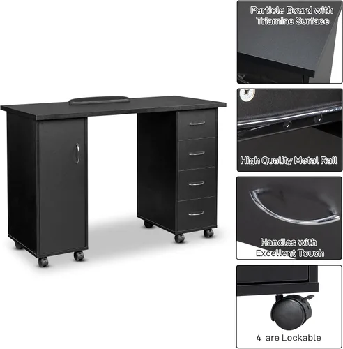 Miniatura 6 de Mesa de manicura con ruedas, estación de trabajo de salón de belleza moderna, mesa de arte de uñas con 4 cajones y gabinete grande para tecnología