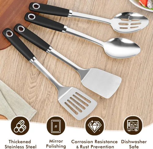 Miniatura 3 de Juego de 4 utensilios de cocina de acero inoxidable, herramientas de cocina de metal resistentes al calor, incluye espátula Wok sólida y ranurada