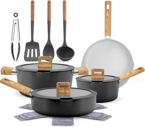 NutriChef Juego de utensilios de cocina de cerámica antiadherente de 14 piezas, ollas y sartenes seguras para inducción con tapas de vidrio, asas de