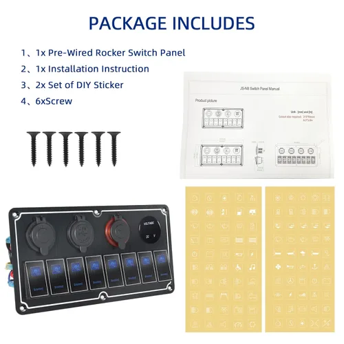 Miniatura 7 de Panel de Interruptores de Palanca Impermeable de 8 Posiciones con Cargador USB Dual y Voltímetro - Protección contra Sobrecarga para RV, Marina