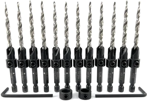 Miniatura 10 de FTG USA Juego de 12 brocas avellanadoras #8 (11/64 pulgadas) con collar de tope de profundidad, llave hexagonal, brocas cónicas para madera