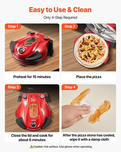 Miniatura 6 de VEVOR Horno para pizza, máquina eléctrica de pizza de 12 pulgadas, cocina de encimera de 1200 W con piedra de cordierita, perilla de control de Rojo