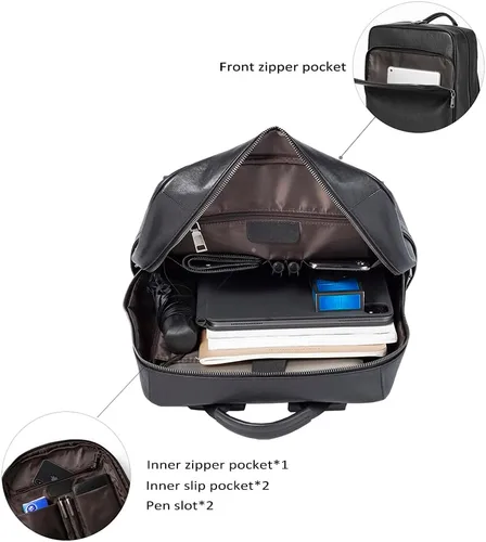 Miniatura 3 de Mochila para portátil de cuero genuino de 15.6 pulgadas para hombres y mujeres, mochila de viaje de negocios, mochila de senderismo (1#negro)
