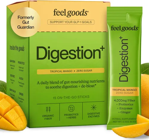 Miniatura 10 de Feel Goods Digestion+, salud intestinal, mezcla de fibra orgánica y probióticos, enzimas digestivas para alivio de la hinchazón, limpieza intestinal