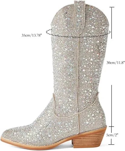 Miniatura 2 de MUCCCUTE Botas vaqueras con diamantes de imitación para mujer, puntera puntiaguda, tacón de 2.0 in, botas altas hasta la rodilla, botas