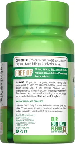 Miniatura 7 de Probióticos para hombres y mujeres Apoyo digestivo 500 millones de UFC 100 cápsulas Acidophilus Por Nature's Truth