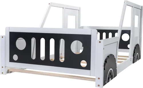 Miniatura 7 de Cama de piso tamaño individual con ruedas, marco de cama Montessori con valla y puerta, cama individual de madera maciza para niños y niñas
