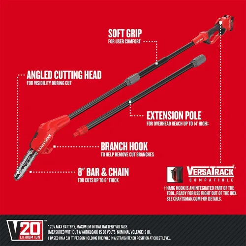 Miniatura 3 de CRAFTSMAN V20 Sierra de poste inalámbrica, 14 pies, batería y cargador incluidos, sierras de poste para podar árboles, hasta 325 cortes por carga