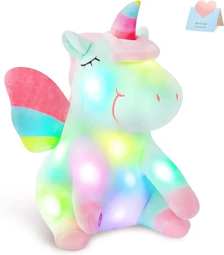 Peluche de unicornio verde iluminado con luces LED coloridas de noche que brillan en el día del niño, cumpleaños, día de San Valentín, para niños