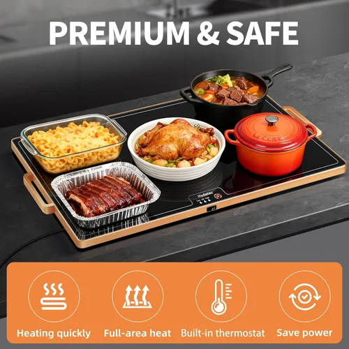 Miniatura 6 de Tapete de calentamiento de alimentos (XL 24 x 16 pulgadas), calentadores de alimentos para fiestas, bufé y uso diario, superficie completa, cálida