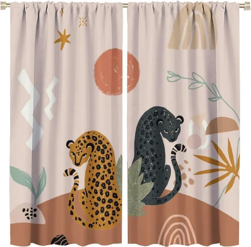 Cortinas abstractas con bolsillo para cortinero de mediados de siglo para dormitorio, estilo bohemio vintage, con estampado de leopardo y vida