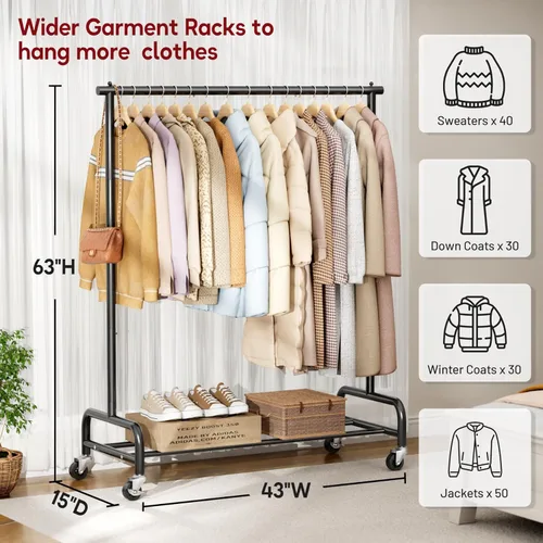 Miniatura 2 de SLEEPING LAMB Percheros de ropa resistentes para colgar ropa, 43 pulgadas de ancho, perchero de ropa rodante de metal con ruedas, perchero de Negro