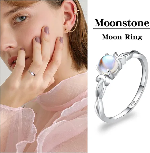 Miniatura 3 de Anillo de piedra lunar genuina para mujer, plata esterlina 925, arco iris, doble luna, infinito, anillo de compromiso de piedra lunar redonda