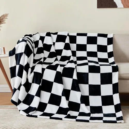 BEDELITE Manta a cuadros para sofá, suave y acogedora manta de franela de vellón con cuadrícula de ajedrez para decoración del hogar, color negro a