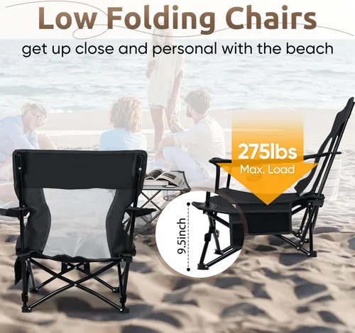 Miniatura 7 de HaSteeL Silla de playa plegable, sillas de camping negras plegables para exteriores, silla de playa baja portátil para adultos, pesca, picnic