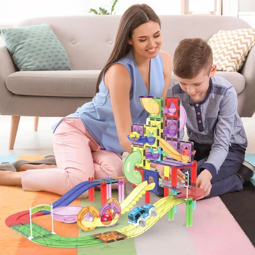 Miniatura 2 de PicassoTiles Juego de 121 azulejos magnéticos de pista de carreras de mármol 3 en 1, juego de construcción de carreras de automóviles, aprendizaje