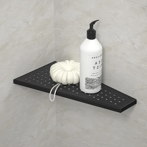Estante esquinero para ducha, color negro mate de 12 pulgadas con lechada trapezoidal en estante para champú, diseño de rejilla de acero inoxidable