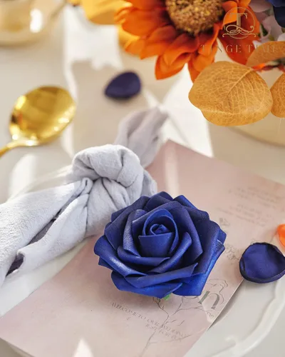 Miniatura 5 de TINGE TIME - Juego de flores artificiales color naranja quemado y azul marino para manualidades, ramos de boda, centros de mesa, arreglos, fiestas