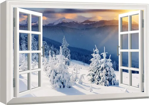 Miniatura 8 de wall26 - Cuadro en lienzo para pared, vista de ventana, atardecer neón, cielo, palmera tropical, playa, naturaleza, desierto, fotografía, realismo