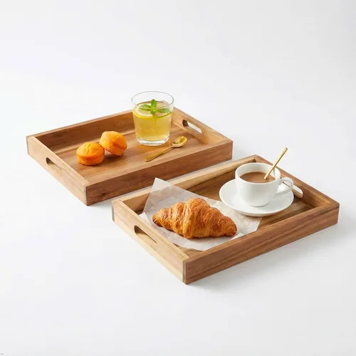 VICTORY RELAX Bandeja de Servir Rectangular de Madera de Acacia Natural con Asas, Juego de 2 (15"x11" y 13"x10"), Bandeja Grande para Otomana,