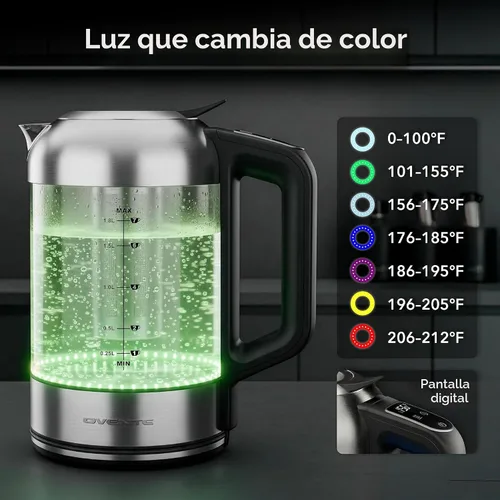 Miniatura 5 de OVENTE Hervidor eléctrico de vidrio digital con control de temperatura, hervidor de té eléctrico inalámbrico de 1.8 L con 7 presets, olla eléctrica