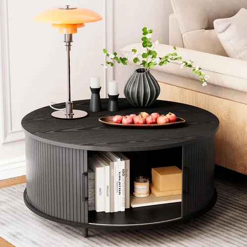 Miniatura 15 de COSIEST - Juego de mesa auxiliar redonda moderna y mesa auxiliar, tapa de madera con aspecto de mármol falso, patas de nogal y crema blanca, mesa