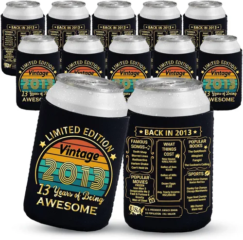 Decoraciones de cumpleaños número 13, suministros y recuerdos de fiesta, fundas enfriadoras para latas de bebidas, paquete de 12, negro y dorado