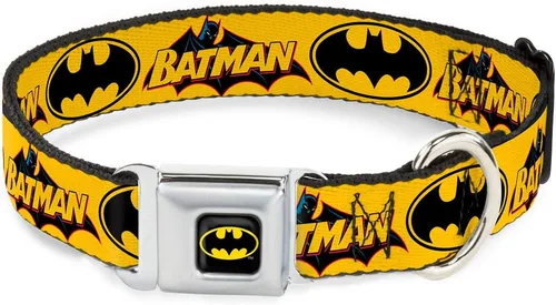 Buckle-Down Collar de perro con hebilla de cinturón de seguridad, logotipo vintage de Batman y señal de murciélago-3 amarillo, 1 pulgada de ancho,