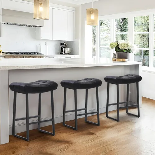 Miniatura 8 de RNKSFX Taburete de bar moderno negro para encimera de cocina sin respaldo de altura de mostrador con asiento tapizado de piel sintética y marco