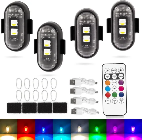 XINGWU - 4 luces estroboscópicas LED inalámbricas con control remoto, 8 colores, carga USB, impermeables, luces de emergencia, luz para roca,