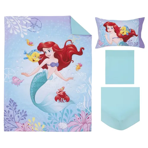 Miniatura 8 de Disney - Juego de ropa de cama infantil de 4 piezas con diseño de La Sirenita Be Fearless Aqua, lavanda y naranja Ariel, edredón, sábana bajera