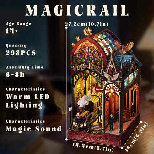 Miniatura 3 de Kit de rincón de libros, estante en miniatura para casa con luces LED y música, rompecabezas de madera 3D de estación de tren retro para adultos