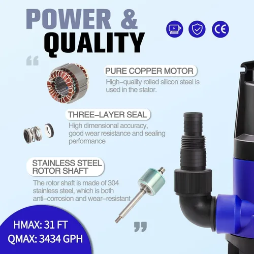 Miniatura 5 de MEDAS 1HP 3434 GPH Bomba de Sumidero Sumergible Bomba de Agua Limpia/Sucia Bomba Utilitaria Portátil con Cable de 16.4 pies para Piscina Jardín