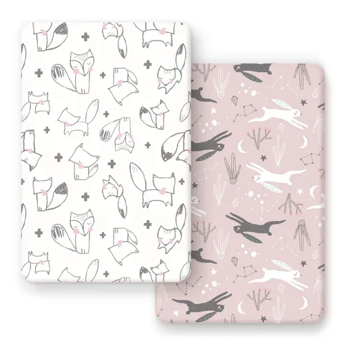 Miniatura 29 de GRSSDER Juego de 2 sábanas ajustadas de punto de jersey elástico ultra suave, paquete portátil y mini sábanas para niñas, elegante acuarela rosa