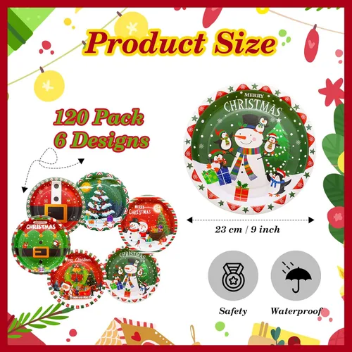 Miniatura 4 de Sliner 120 platos de papel de Navidad desechables de 9 pulgadas, platos de postre de papel de Navidad, cinturón de Papá Noel, alce, muñeco de nieve