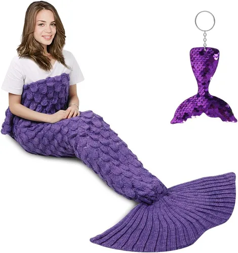 Miniatura 21 de AmyHomie Manta de cola de sirena, manta para niños, saco de dormir de sirena de ganchillo, regalo de sirena para niñas (azul claro, niños)